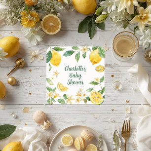 Custom Watercolor Lemon Blossom Baby Shower Square Paper Coaster