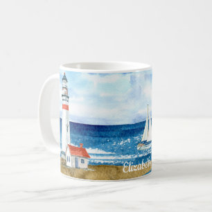 Custom Watercolor Lighthouse Sailboat Beach Coffee Mug