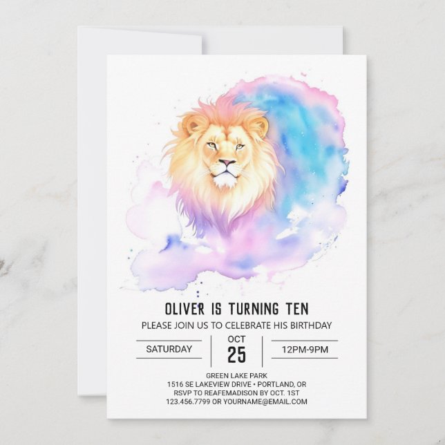 Custom Watercolor Lion Birthday Invitation (Front)