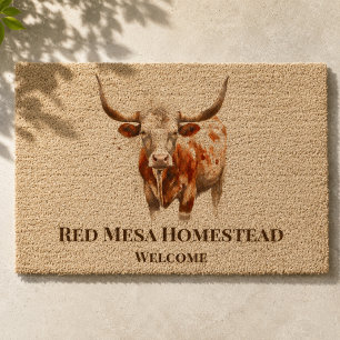 Custom Watercolor Longhorn Western Ranch Art Fiber Doormat
