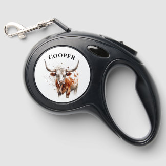 Custom Watercolor Longhorn Western Ranch Art Retractable Pet Leash