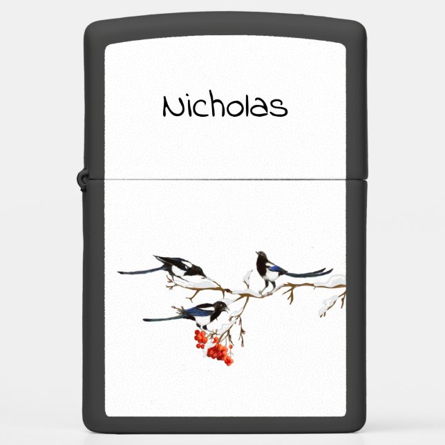 Custom Watercolor Magpie Bird Wildlife Nature Art Zippo Lighter (Front)