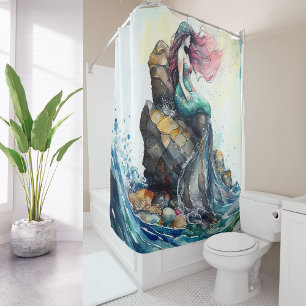 Custom Watercolor Mermaid on a Rock in Ocean on Shower Curtain