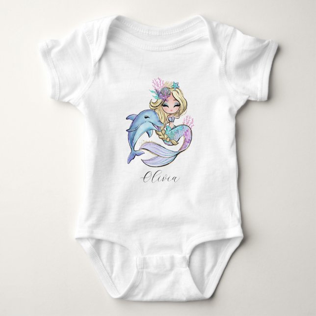 Custom Watercolor Mermaid Personalized Girl Baby Bodysuit (Front)