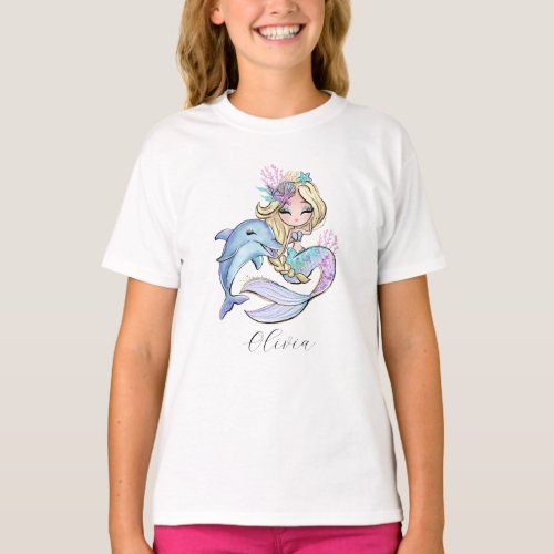 Custom Watercolor Mermaid Personalized Girl T_Shirt