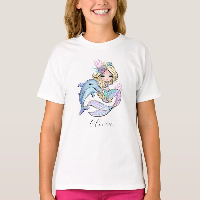 Custom Watercolor Mermaid Personalized Girl T-Shirt (Front)