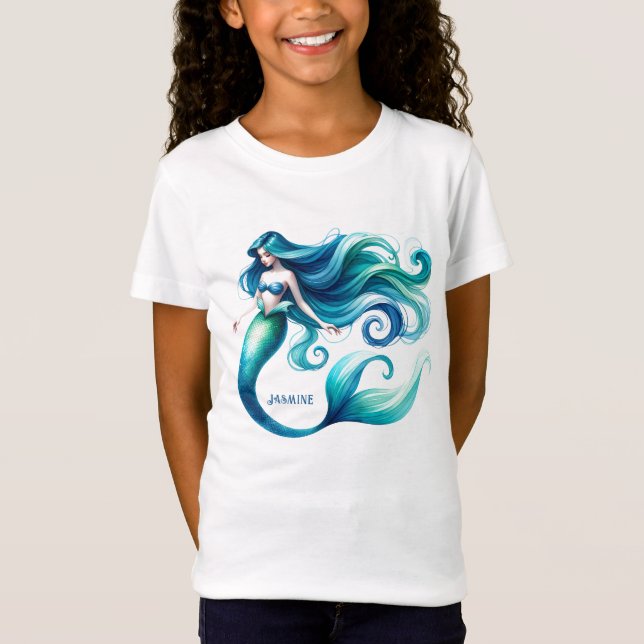 Custom Watercolor Mermaid Personalized Girl T-Shirt (Front)
