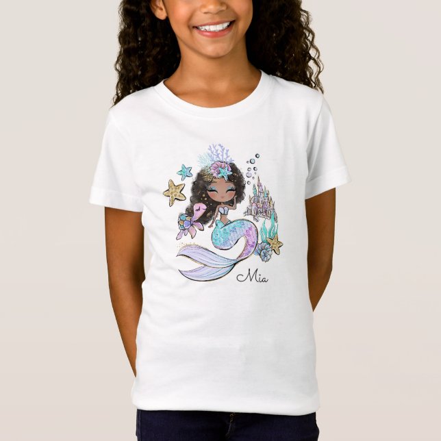 Custom Watercolor Mermaid Personalized Girl T-Shirt (Front)