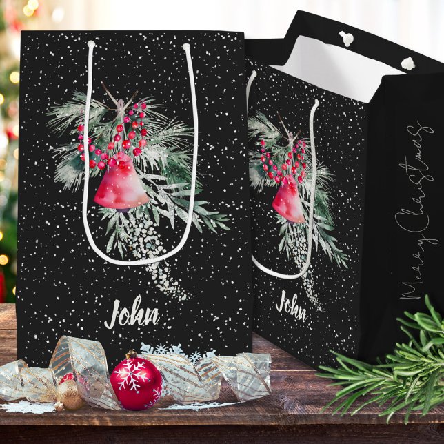 Custom Watercolor Modern Botanical Merry Christmas Medium Gift Bag (Creator Uploaded)