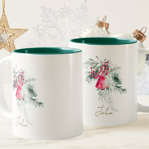 Custom Watercolor Modern Script Leaves Christmas Two-Tone Coffee Mug
