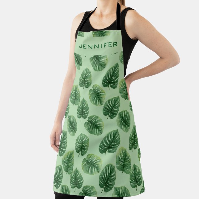 Custom Watercolor Monstera Leaf Pattern Name Apron (Insitu)