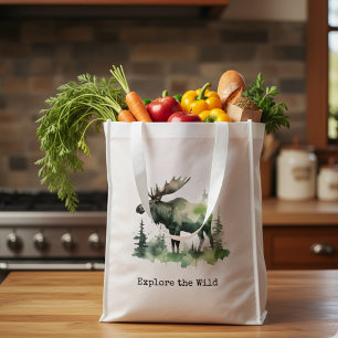 Custom Watercolor Moose Rustic Cabin Wildlife Gift Grocery Bag