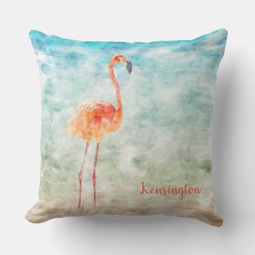 Custom Watercolor Pink Flamingo  Tropical Beach Outdoor Pillow