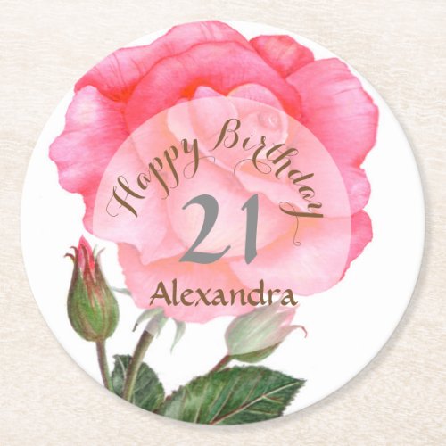 Custom Watercolor Pink Rose Birthday Coaster