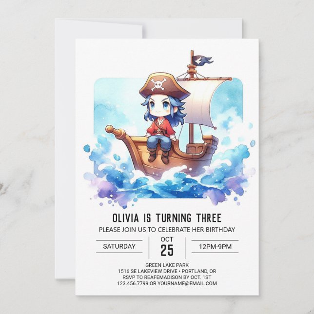 Custom Watercolor Pirate Birthday Invitation (Front)