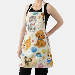 Custom Watercolor Playful Pets Cartoon Pattern Apron
