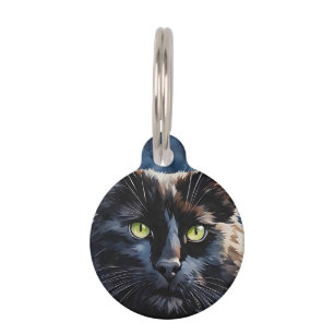 Custom Watercolor Portrait Black Cat Green Eyes Pet ID Tag