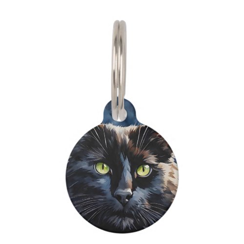 Custom Watercolor Portrait Black Cat Green Eyes  Pet ID Tag