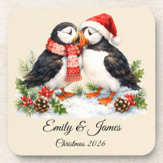 Custom Watercolor Puffin Couple Christmas Set of 6 Beverage Coaster