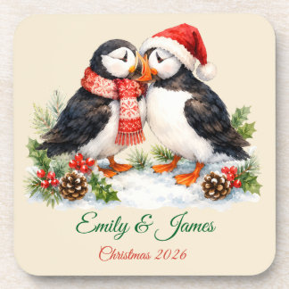 Custom Watercolor Puffin Couple Christmas Set of 6 Beverage Coaster