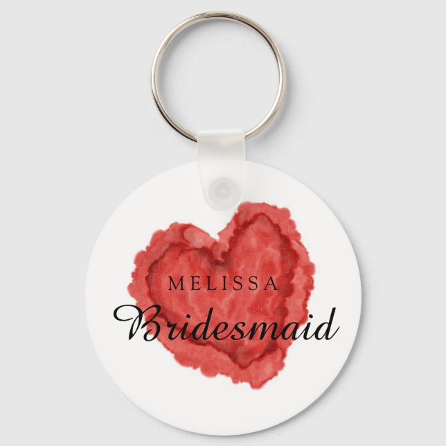 Custom Watercolor Red Heart Bridesmaid Keychain (Front)