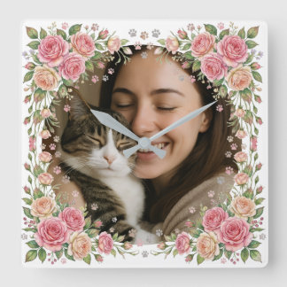 Custom Watercolor Rose Frame Cat Mom Photo Square Wall Clock