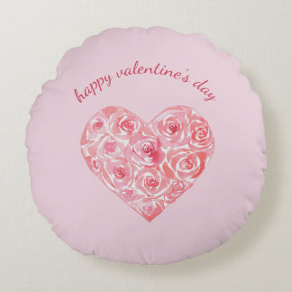 Custom Watercolor Rose Heart Valentine's Day Round Pillow