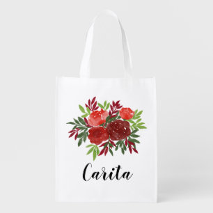 Custom Watercolor Roses Reusable Grocery Bag