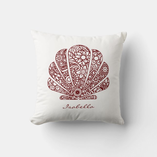Custom Watercolor Seashell Mandala Red White Throw Pillow (Front)