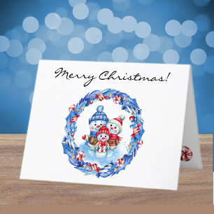 Custom, Watercolor Snowman Family Merry Christmas Holiday Card