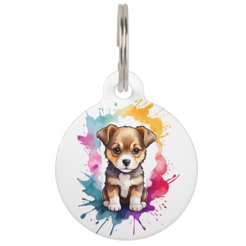 Custom Watercolor Splash Art Puppy Splatter Paint Pet ID Tag