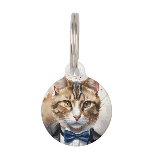 Custom Watercolor Tabby Cat in Tuxedo Blue Bow Tie Pet ID Tag