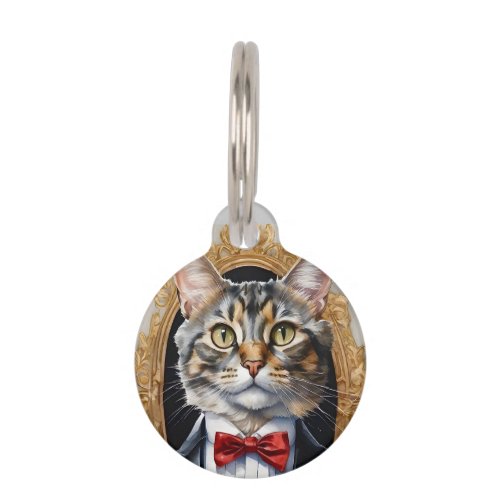 Custom Watercolor Tabby Cat Tuxedo Blue Bow Tie Pet ID Tag