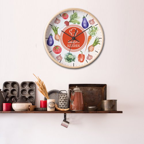 Custom Watercolor Vegetables Kitchen    Clock