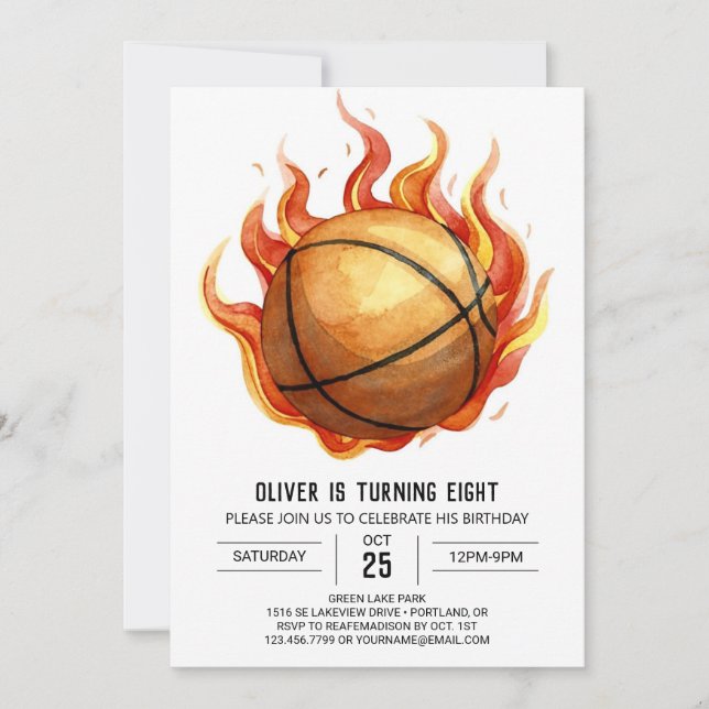 Custom Watercolor Whimsical Basketball Birthday Invitation (Front)