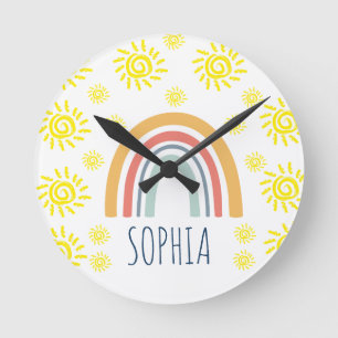 Custom Watercolor Whimsical Boho Rainbow and Sun Round Clock