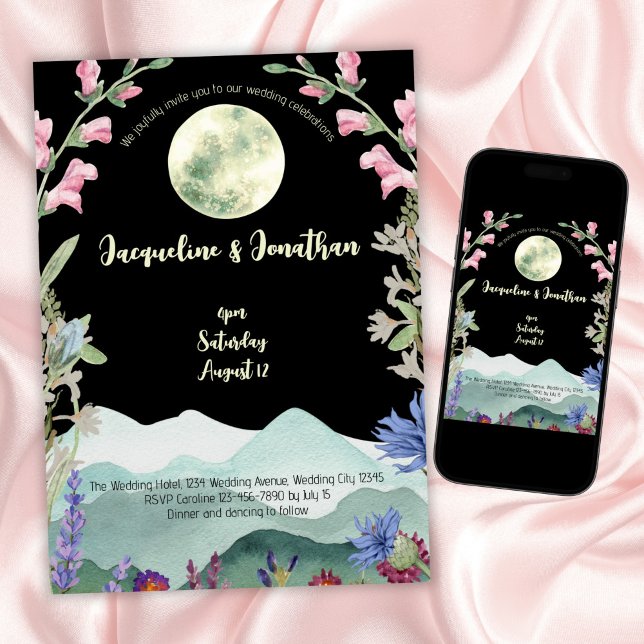 Custom Watercolor Wildflower Moon Mountain Wedding Invitation (Creator Uploaded)