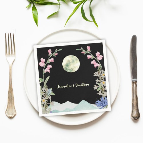 Custom Watercolor Wildflower Moon Mountain Wedding Napkins