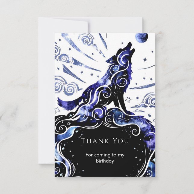 Custom Watercolor Wolf Birthday Thank You Card (Front)