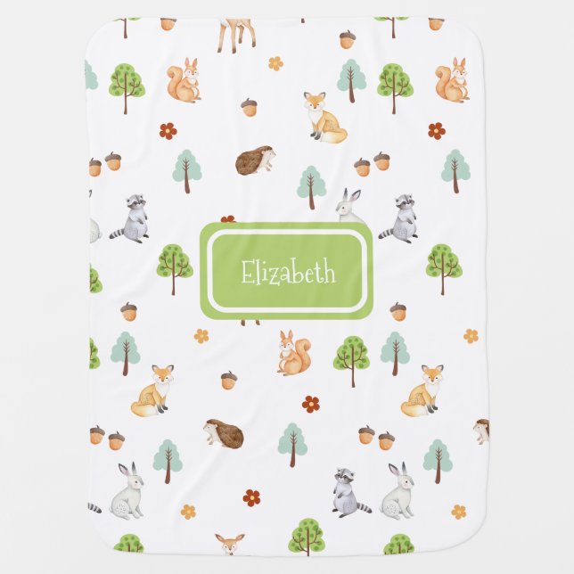 Custom watercolor Woodland Animals Baby Blanket (Front)
