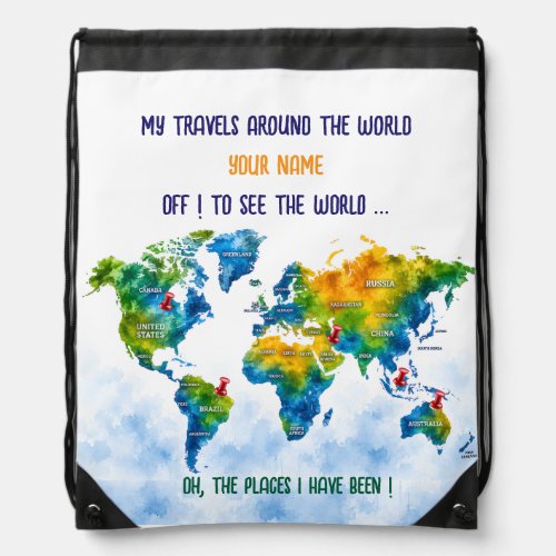 Custom Watercolor World Map Drawstring Backpack