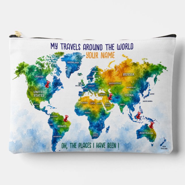 Custom Watercolor World Map Travel Accessory Pouch (Front)