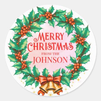 Custom watercolor wreath Merry Christmas Classic Round Sticker