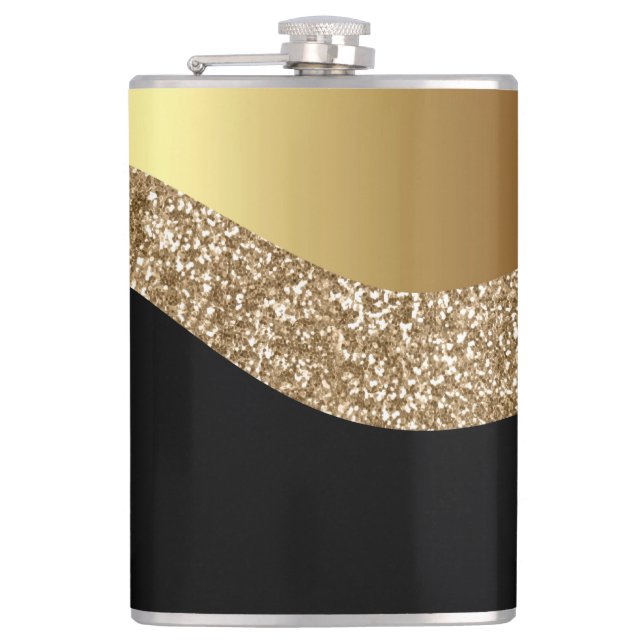 CUSTOM WAVE PATTERN BLACK GOLD STAINLESS STEEL  FLASK (Front)