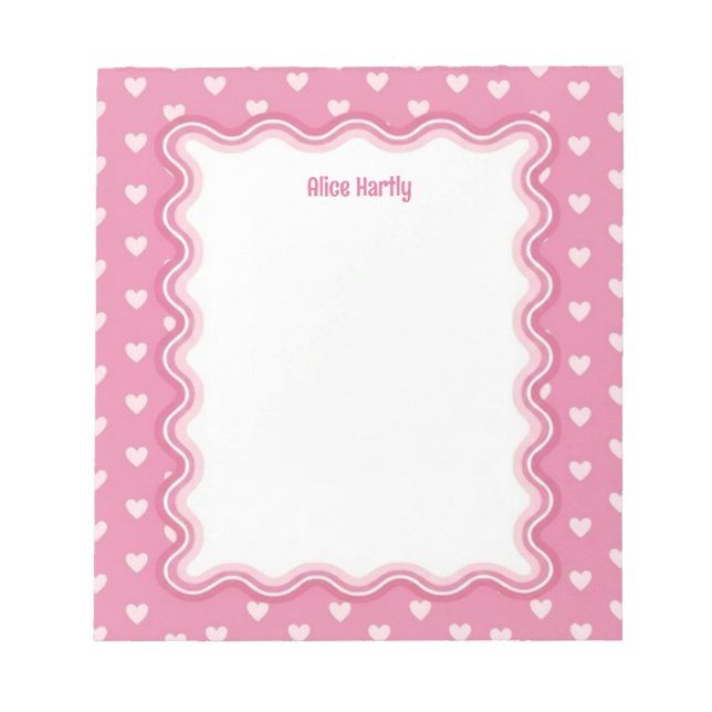 Custom Wavy Border Pink Love Hearts Personalized Notepad (Front)