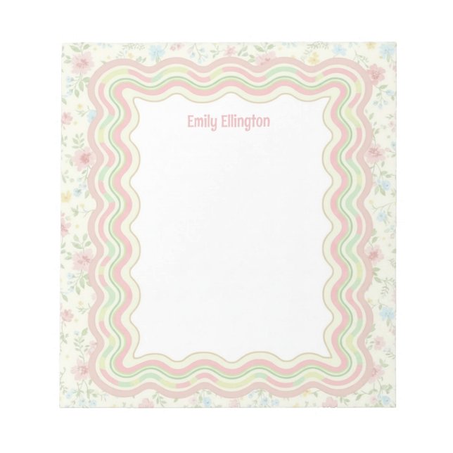 Custom Wavy Border Vintage Flowers Personalized Notepad (Front)