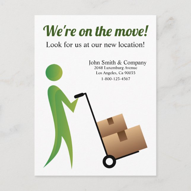 Custom We Are Moving Stick Figure with Hand Cart Postcard (Front)