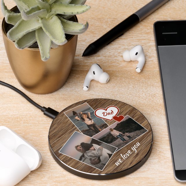 Custom We Love You Dad Heart on Rustic Wood Grain Wireless Charger (Desk 2)