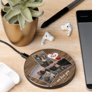 Custom We Love You Dad Heart on Wood Grain Texture Wireless Charger
