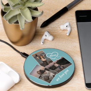Custom We Love You Mom Heart on Wood Grain Texture Wireless Charger